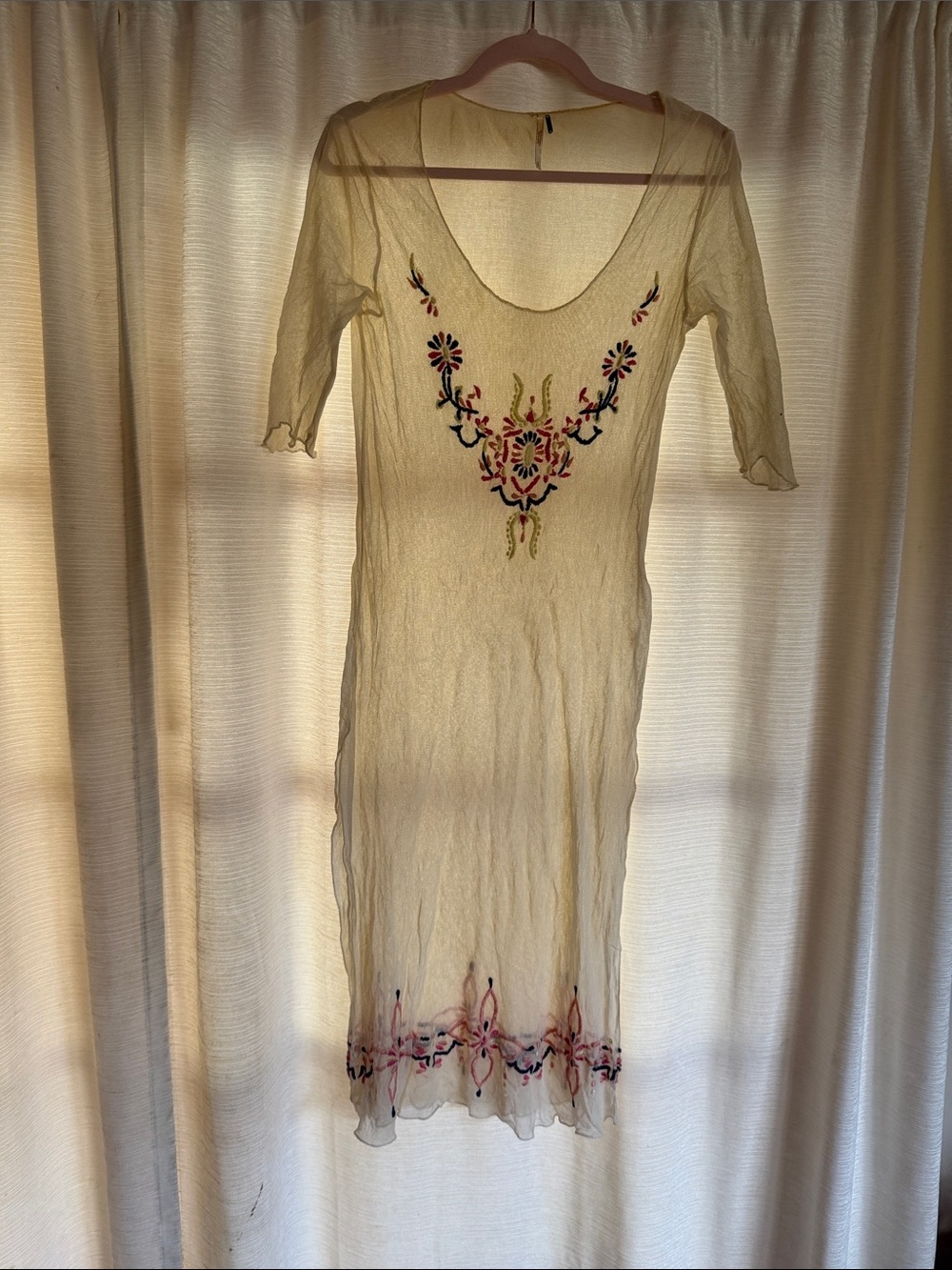 Free People Cream Sheer Embroidered Scoop-Neck Midi Dress